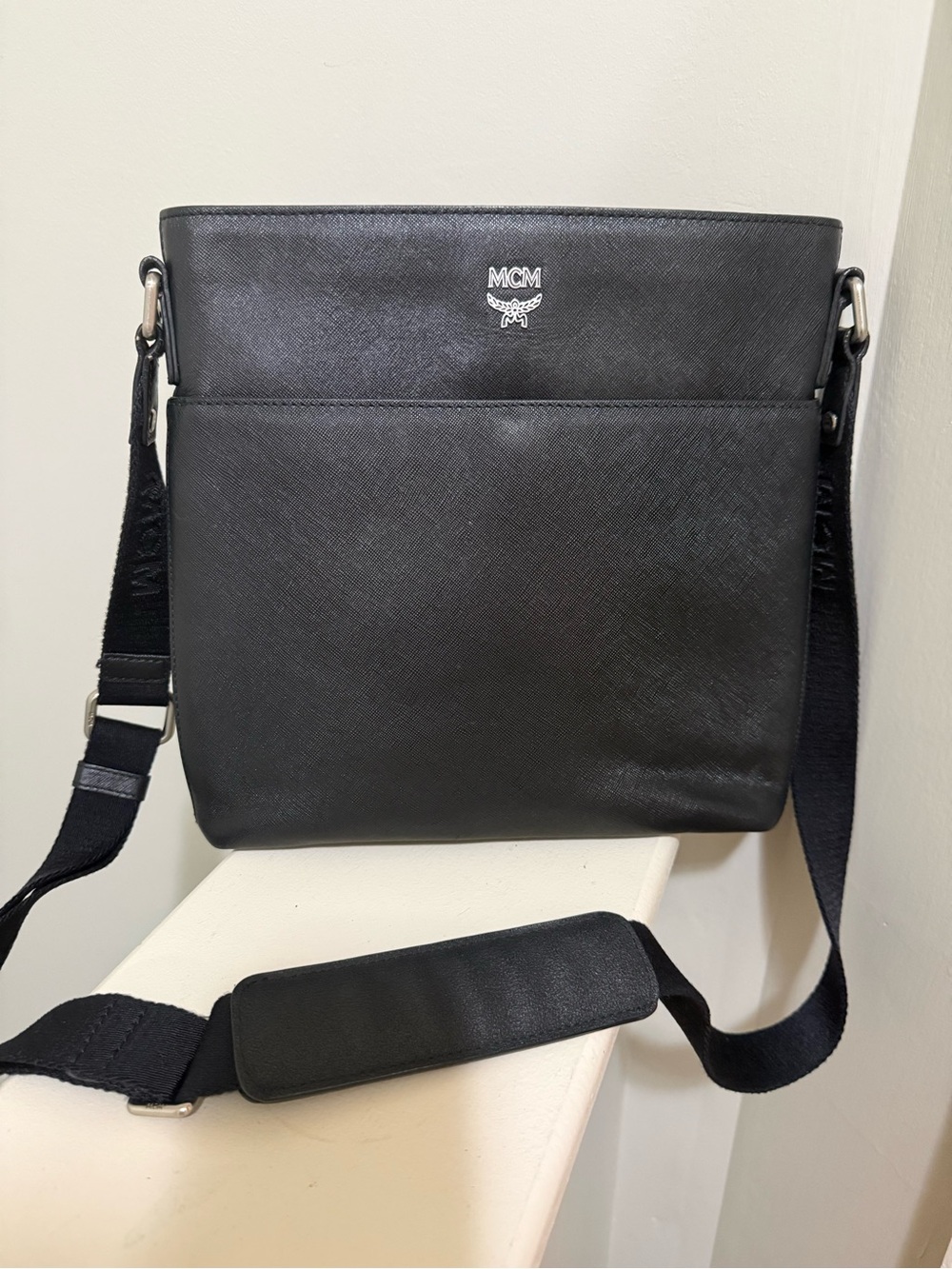MCM Black Saffiano Leather Messenger Bag with Adjustable Strap